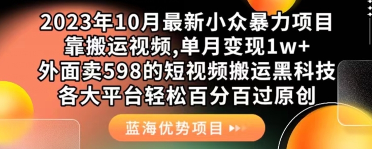 【第6014期】23年10月最新小众暴力视频搬运项目，单月变现1w+，短视频搬运黑科技过原创