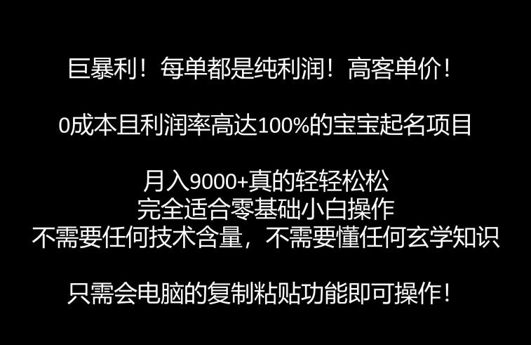 宝宝起名项目如何赚钱：零基础月入9000+的宝宝起名项目，每单纯利润躺赚【软件+教程】