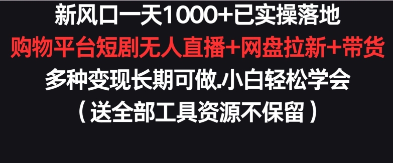 新风口一天1000+已实操落地购物平台短剧无人直播+网盘拉新+带货多种变现长期可做