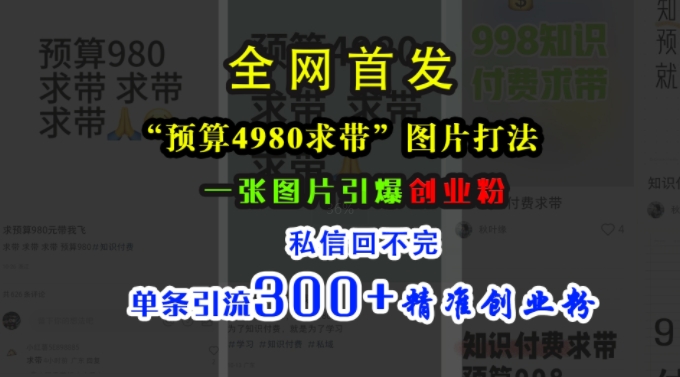 【8556期】小红书“预算4980带我飞”图片打法，一张图片引爆创业粉，私信回不完，单条引流300+精准创业粉